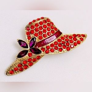 Vintage Monet Gold Tone Purple Enamel Red Rhinestone Hat Brooch